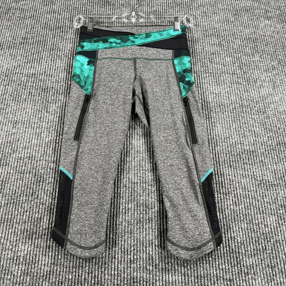 Lululemon Pants Womens 4 Gray Green Crop Leggings Mesh Zipper Pockets Yoga